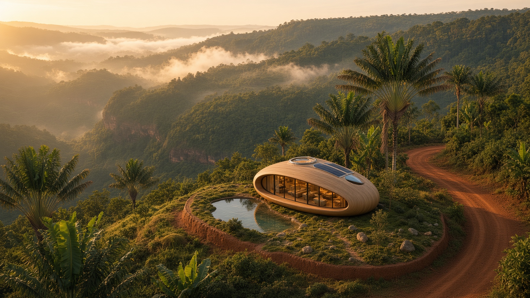 Un pod galet, fenêtres, piscine biologique, solaire et récupérateurs de lumière, intégré dans les hautes terres malgaches.
